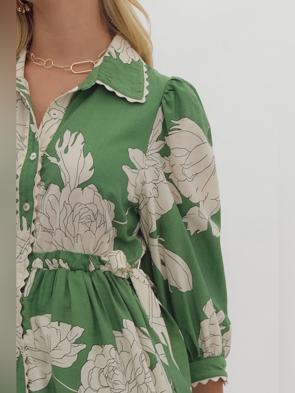 Entro Green White Floral Peony Gardenia Print Midi Dress Ric Rack Trim, S. NWOT - Picture 4 of 15